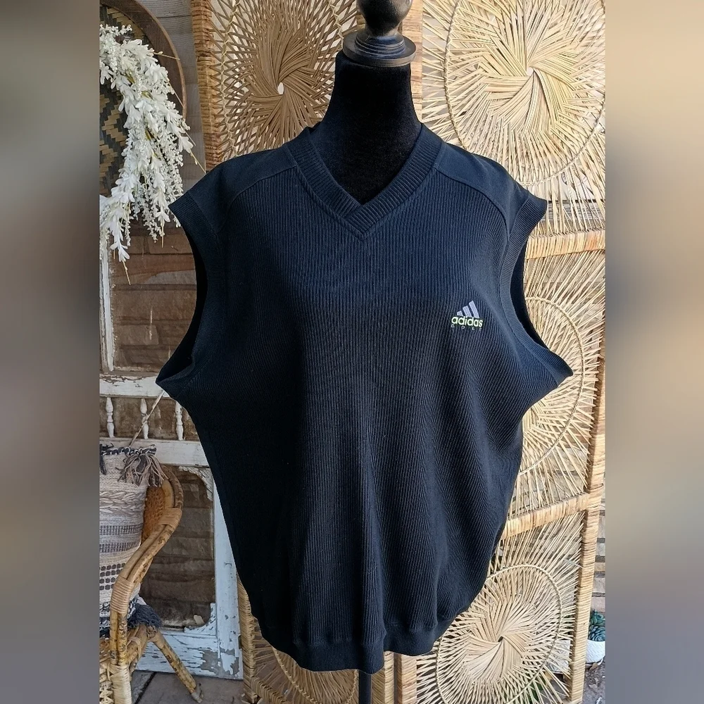 Vintage 90s Adidas Black V-Neck Vest with Green Logo_XL